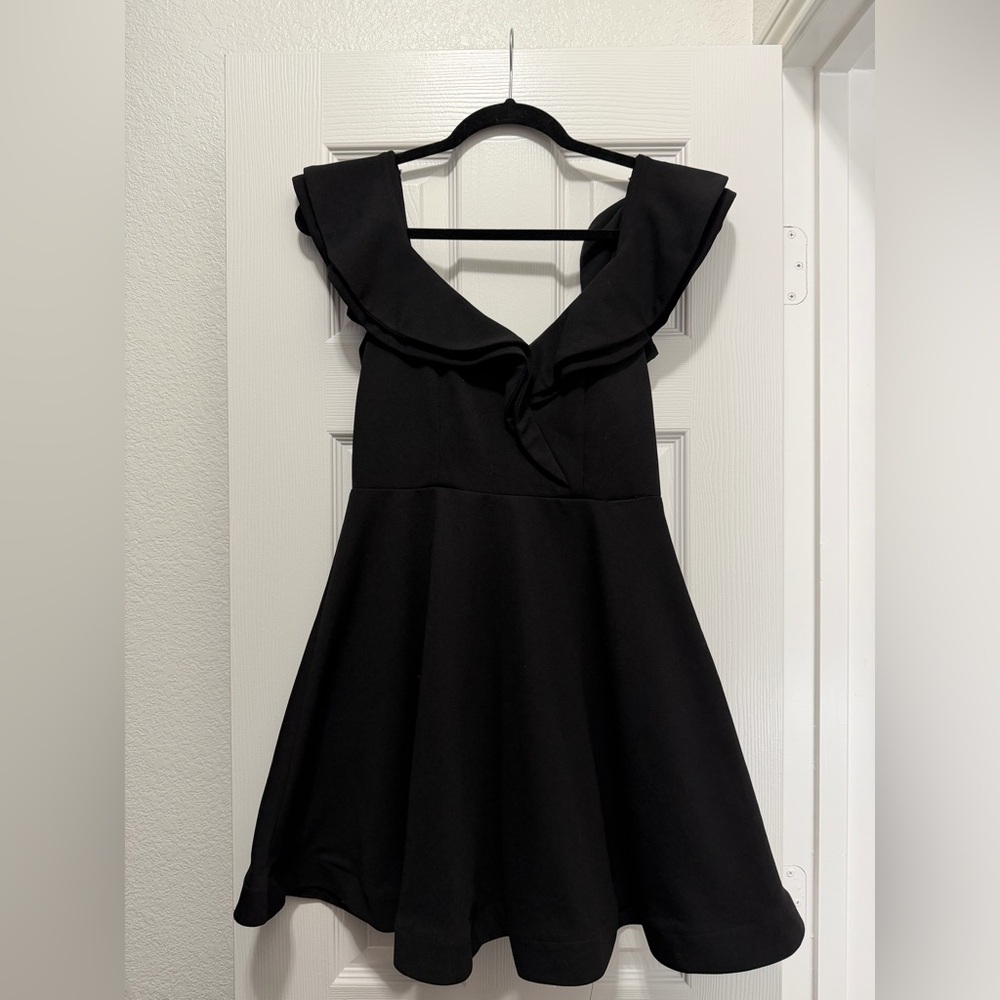 Luxxel Black Mini Dress with Ruffle V-Neck